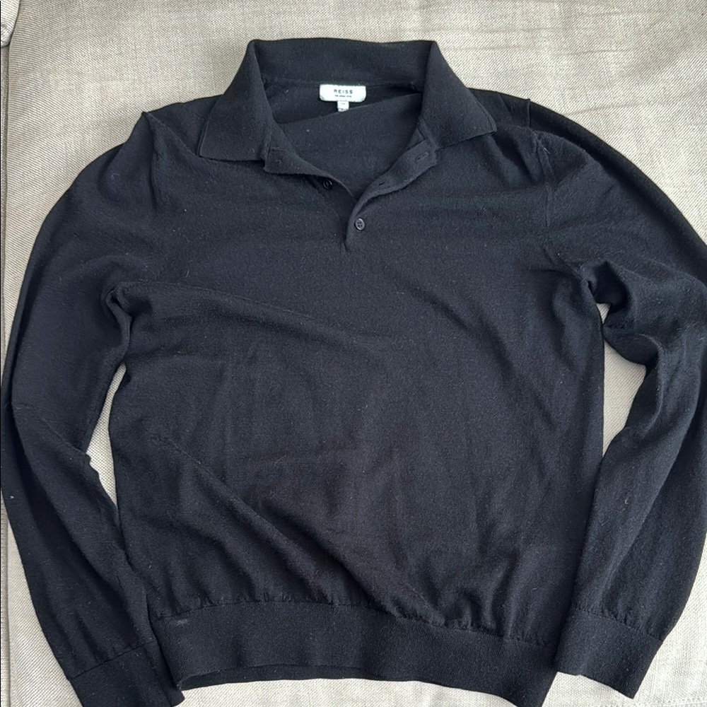 Reiss Merino Wool Black Polo Sweater